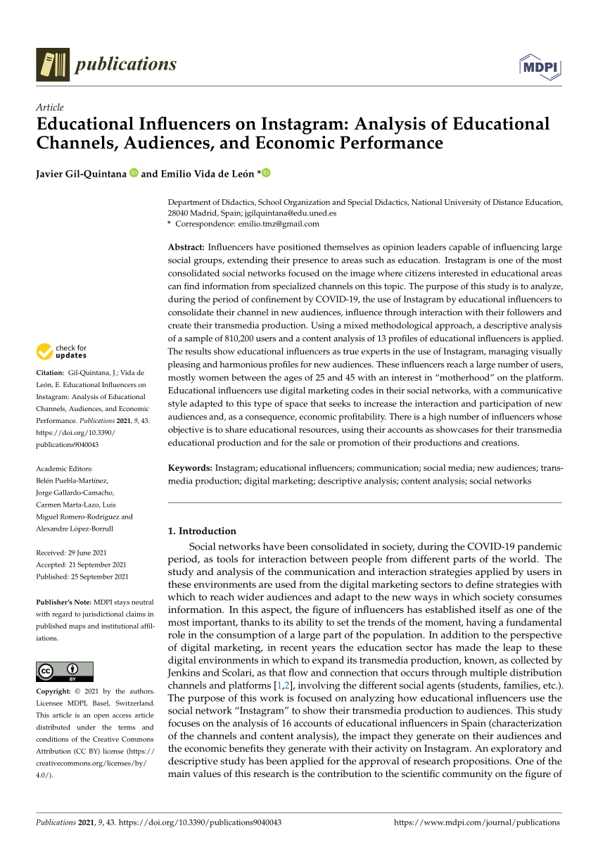 PDF) Educational Influencers on Instagram: Analysis of Educational  Channels, Audiences, and Economic Performance