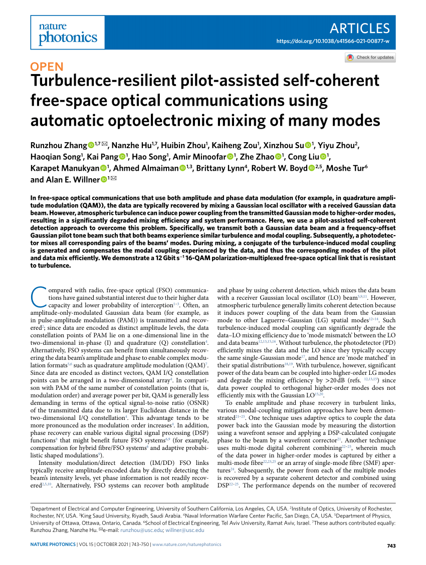 Pdf Turbulence Resilient Pilot Assisted Self Coherent Free Space Optical Communications Using Automatic Optoelectronic Mixing Of Many Modes