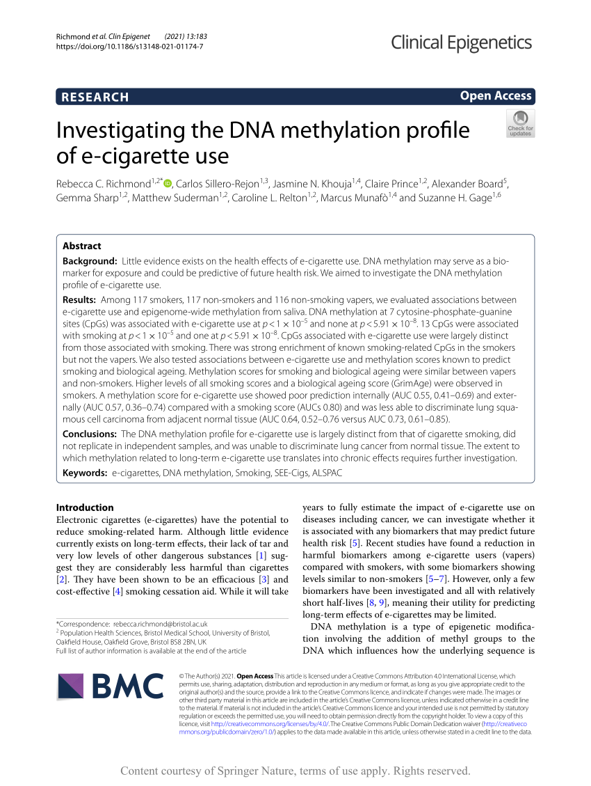 PDF Investigating the DNA methylation profile of e cigarette use