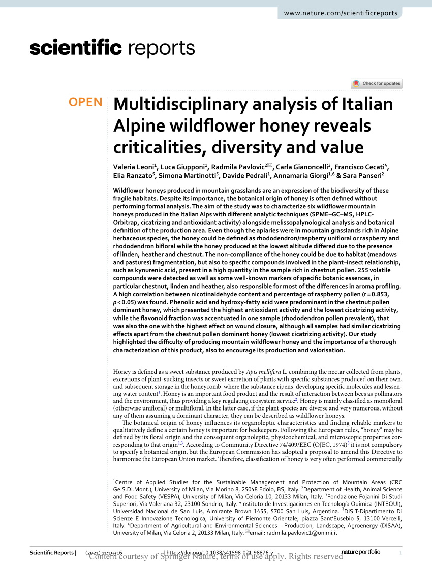 PDF) Multidisciplinary analysis of Italian Alpine wildflower honey reveals  criticalities, diversity and value