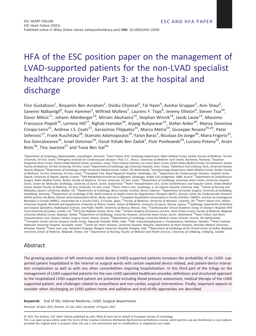 PDF) HFA of the ESC position paper on the management of LVAD‐supported  patients for the non‐LVAD specialist healthcare provider Part 3: at the  hospital and discharge