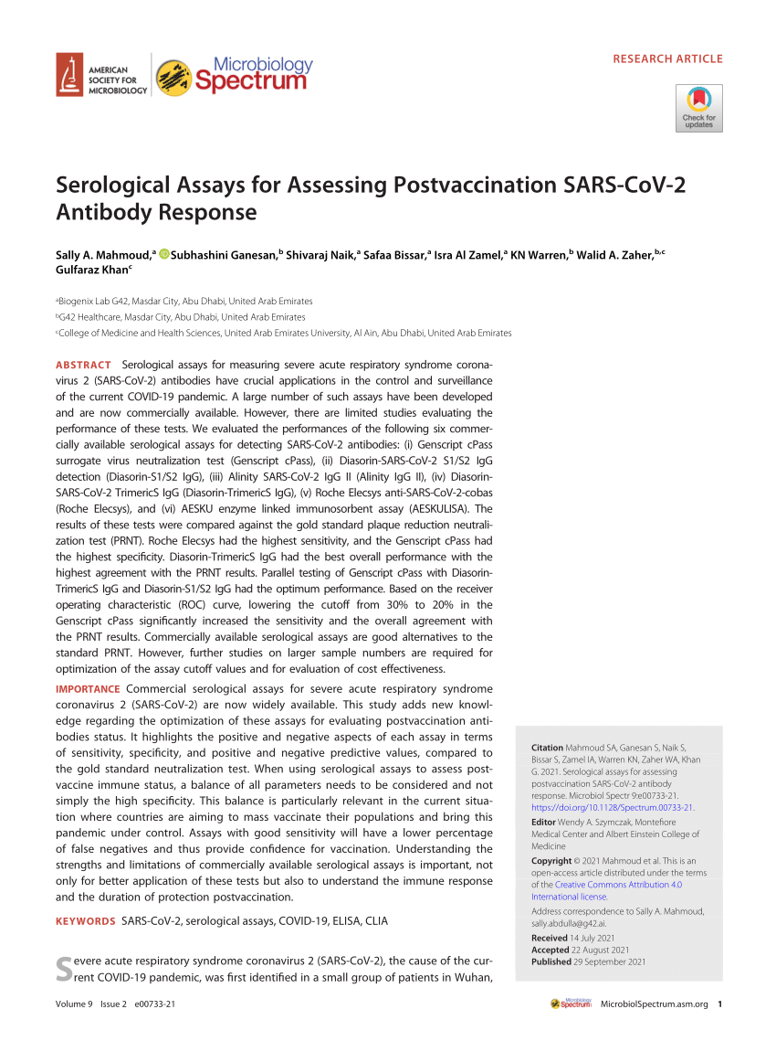 PDF Serological Assays for Assessing Postvaccination SARS CoV 2  