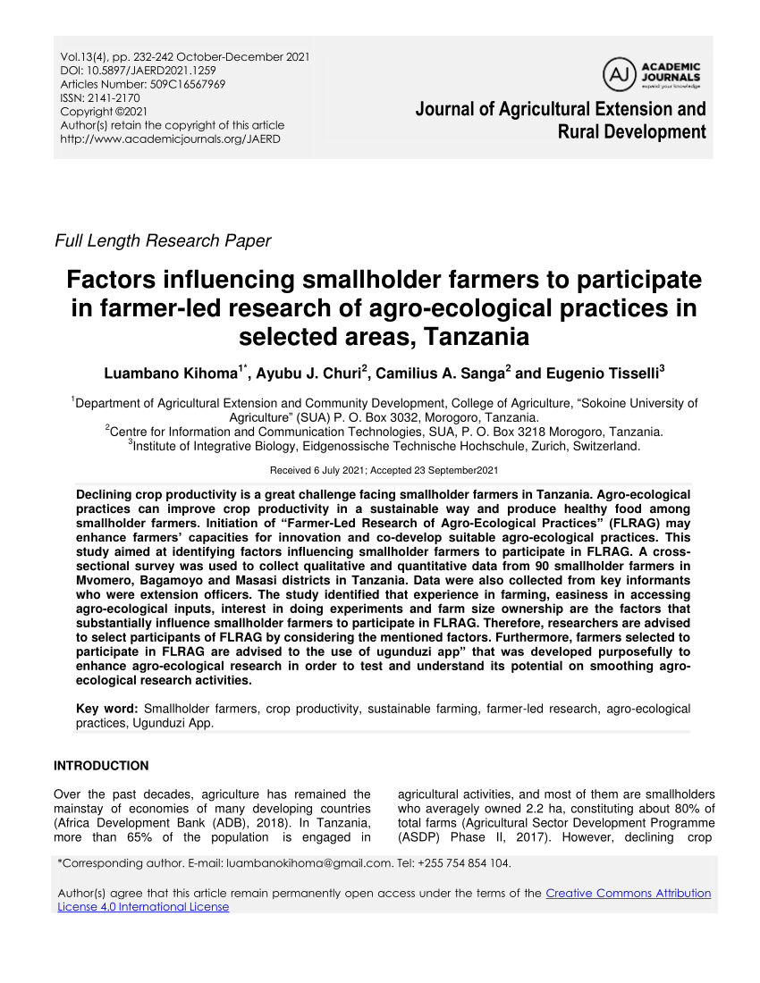 PDF) Factors Influencing Smallholder Farmers to Participate in Farmer-Led Research of Agro-Ecological Practices in Selected Areas, Tanzania