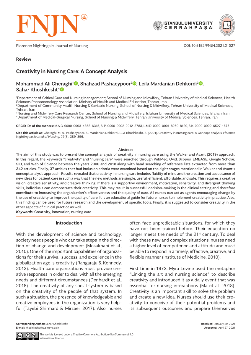 creativity in nursing care a concept analysis