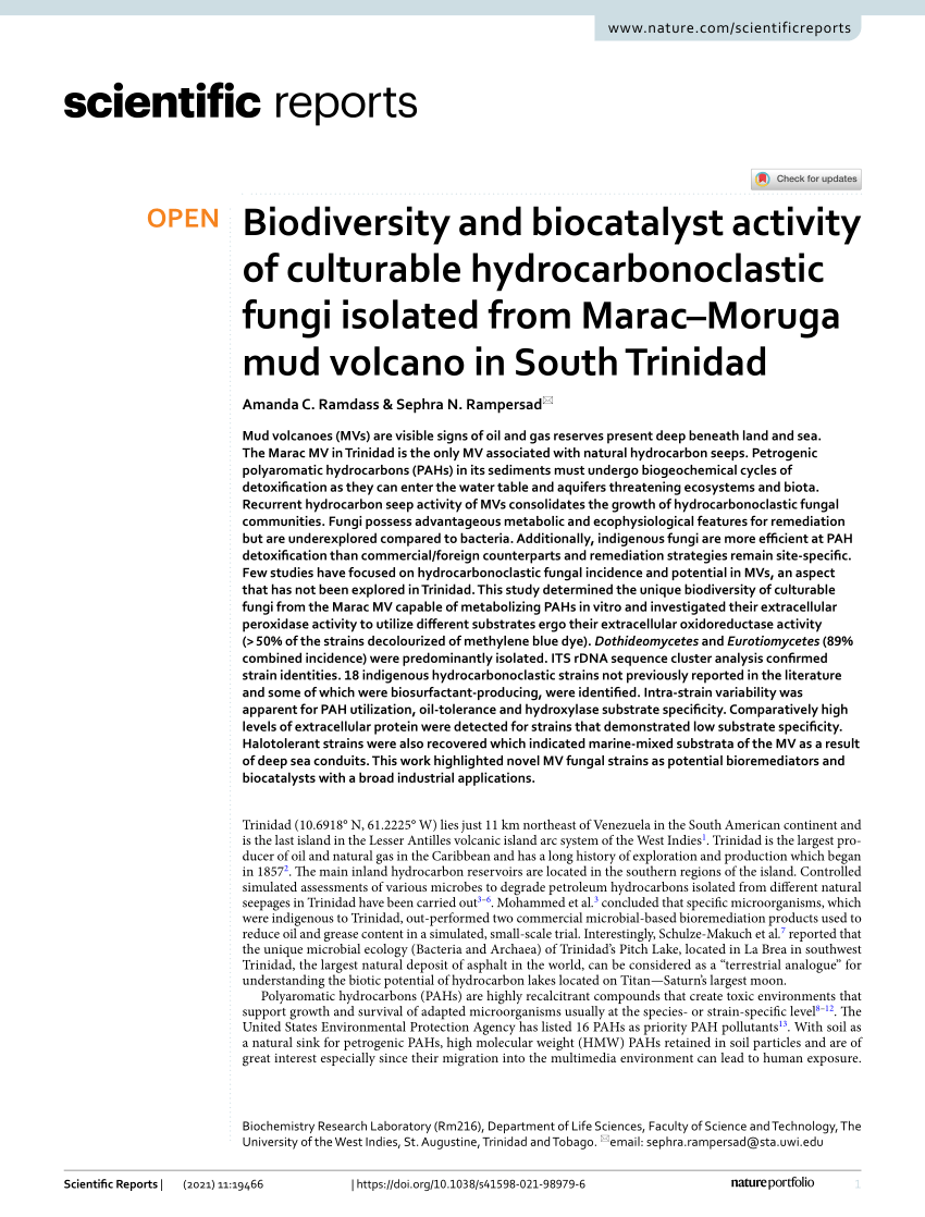 PDF) Biodiversity and biocatalyst activity of culturable  hydrocarbonoclastic fungi isolated from Marac–Moruga mud volcano in South  Trinidad