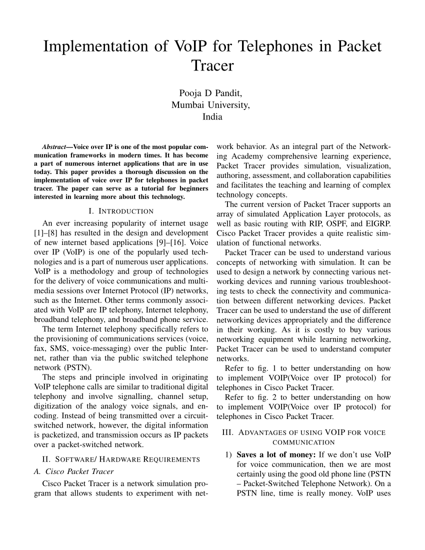 PDF) Implementation of VoIP for Telephones in Packet Tracer