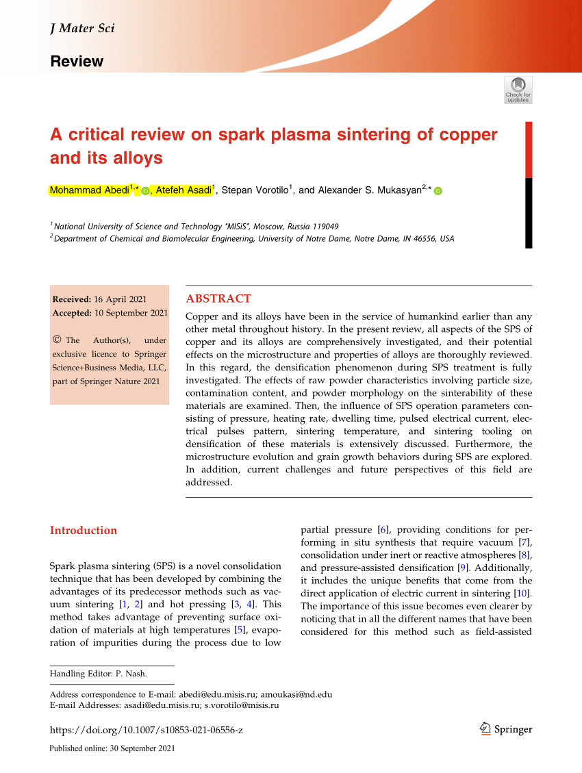 PDF) A critical review on spark plasma sintering of copper and its 