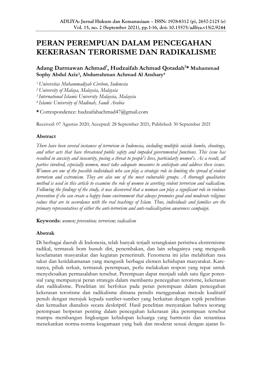 Pdf Peran Perempuan Dalam Pencegahan Kekerasan Terorisme Dan Radikalisme 2771