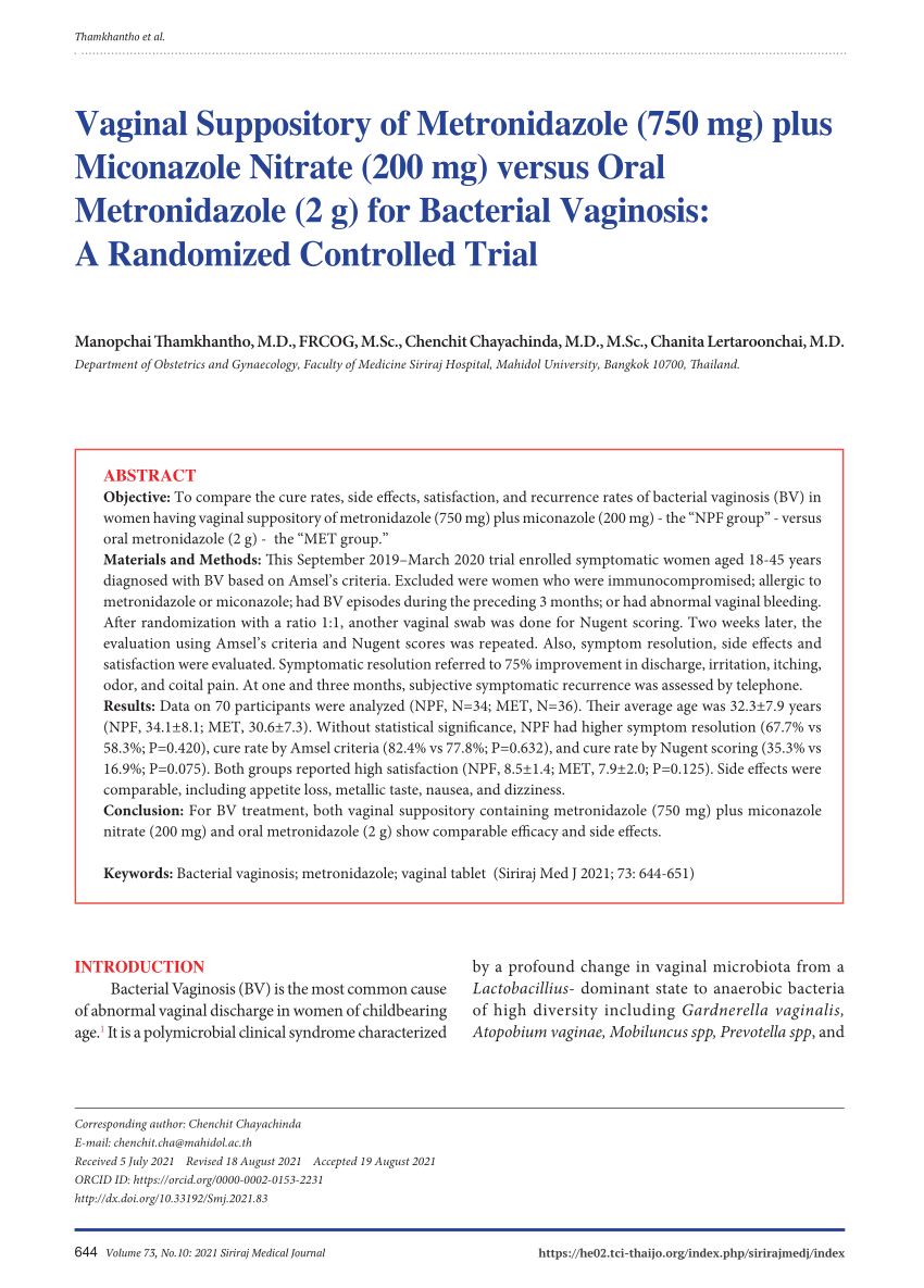 Pdf Vaginal Tablets Of Metronidazole 750 Mg Plus Miconazole Nitrate 200 Mg Versus Oral 4228