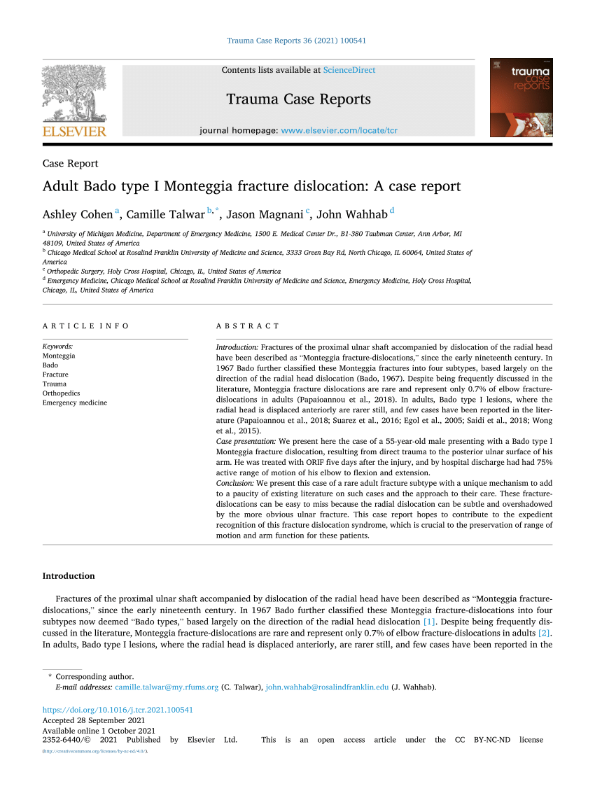 Pdf Adult Bado Type I Monteggia Fracture Dislocation A Case Report 3721