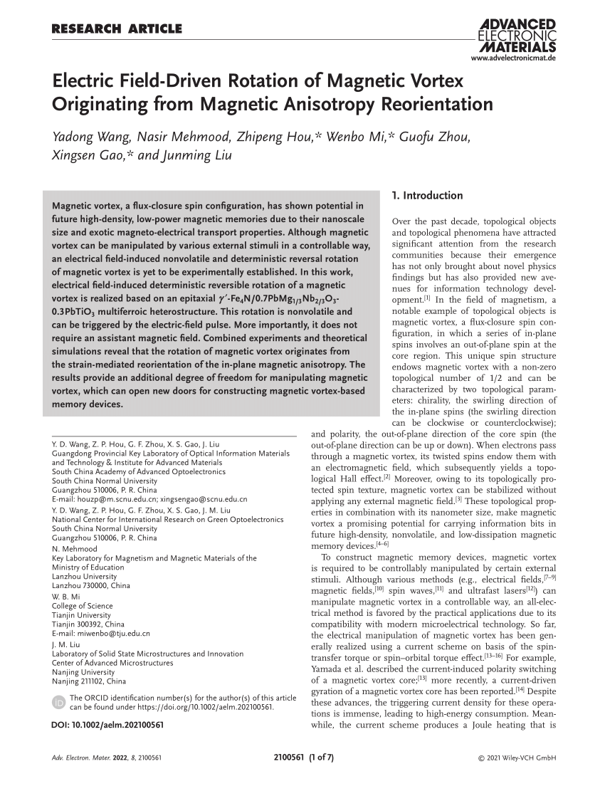 Electric Field‐Driven Rotation of Magnetic Vortex Originating from