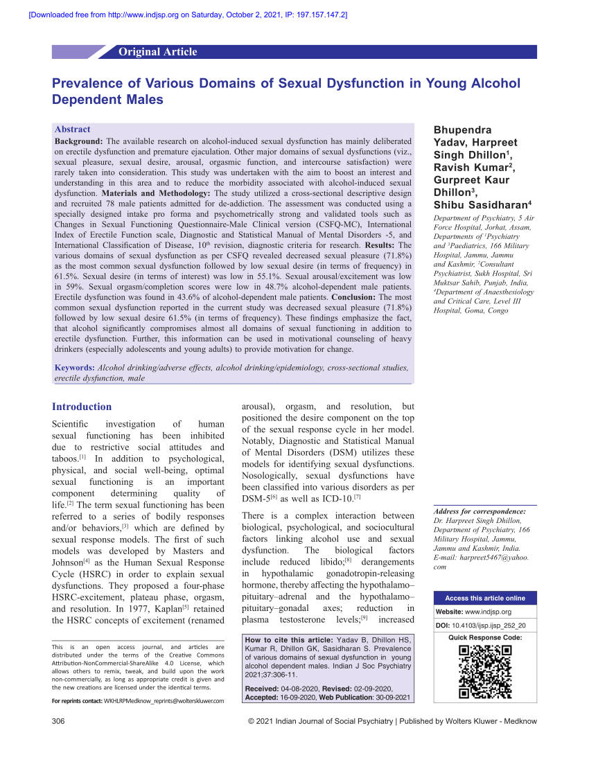 PDF Prevalence of Various Domains of Sexual Dysfunction in Young