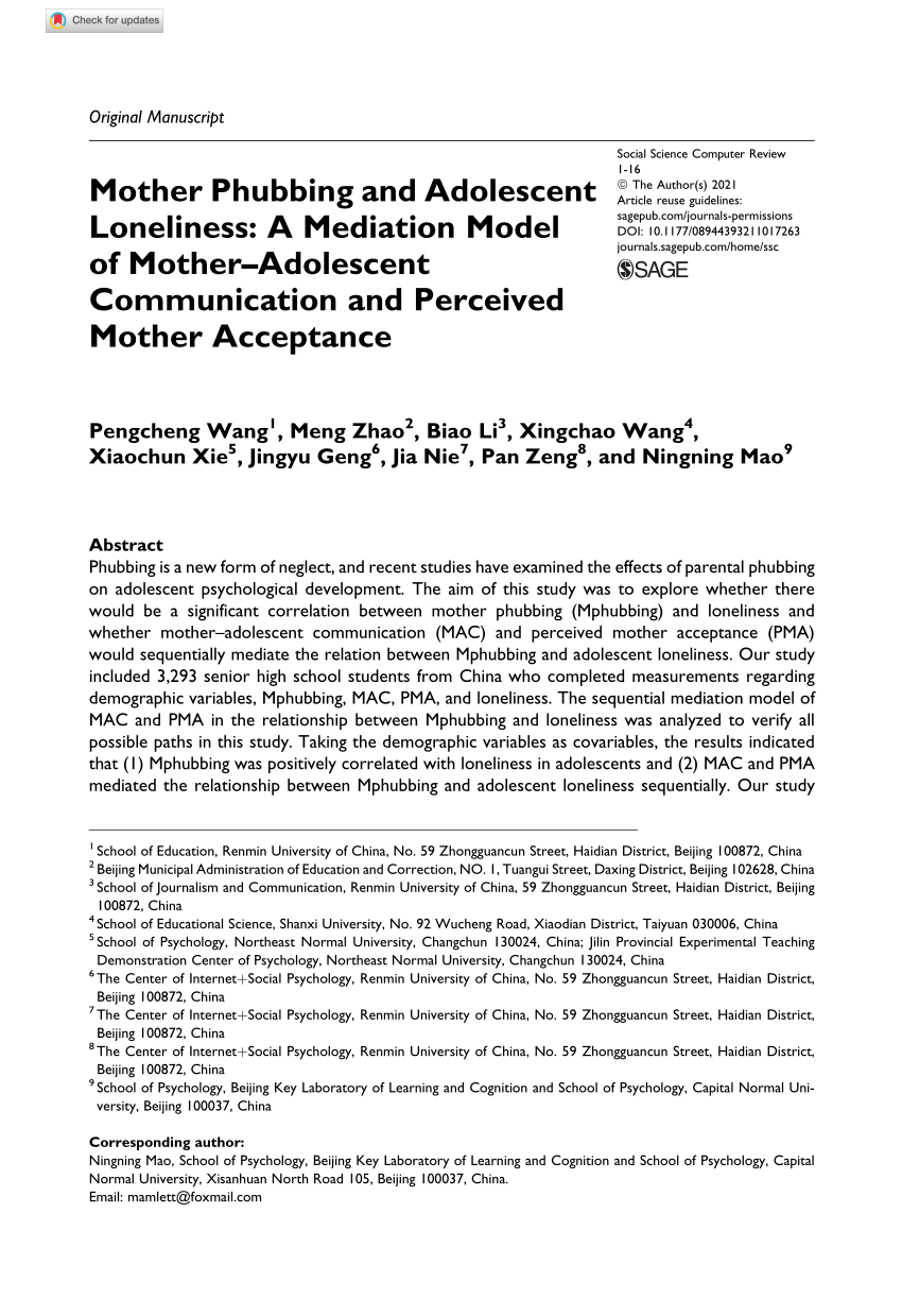 PDF) Mother Phubbing and Adolescent Loneliness: A Mediation Model of Mother-Adolescent  Communication and Perceived Mother Acceptance