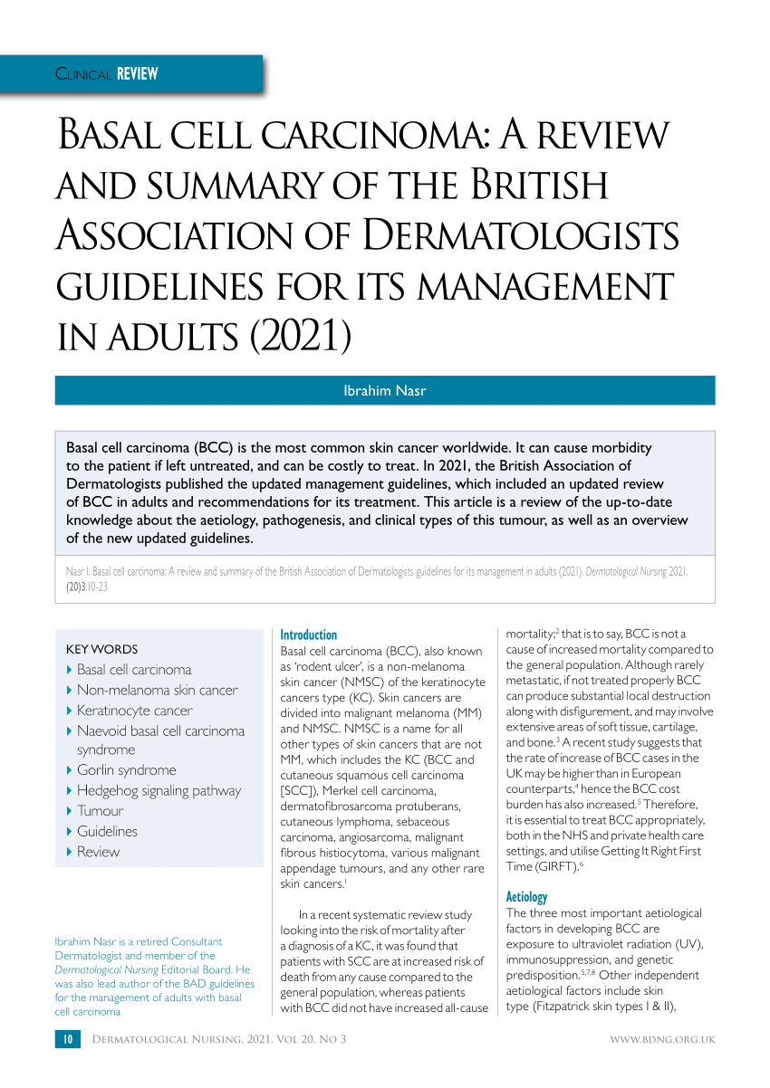 Pekkadillo wang Validatie PDF) Basal cell carcinoma: A review and summary of the British Association  of Dermatologists guidelines for its management in adults (2021)