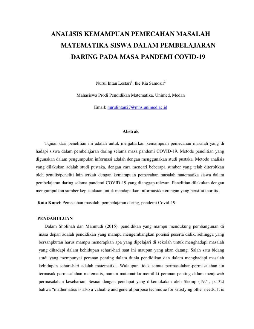 Pdf Analisis Kemampuan Pemecahan Masalah Matematika Siswa Dalam Pembelajaran Daring Pada Masa 9841