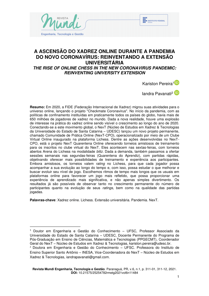 PDF) A ASCENSÃO DO XADREZ ONLINE DURANTE A PANDEMIA DO NOVO CORONAVÍRUS:  REINVENTANDO A EXTENSÃO UNIVERSITÁRIA