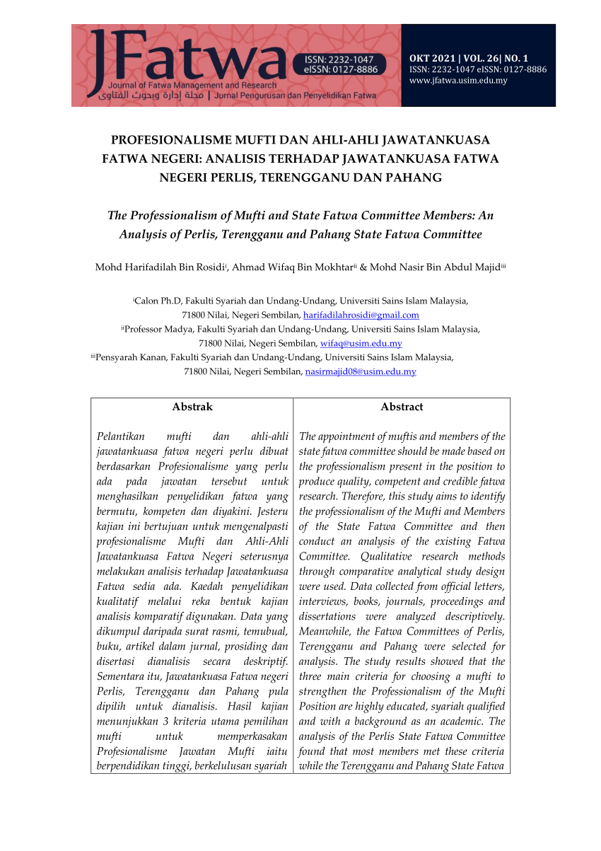 PDF) Profesionalisme Mufti Dan Ahli-Ahli Jawatankuasa Fatwa Negeri 