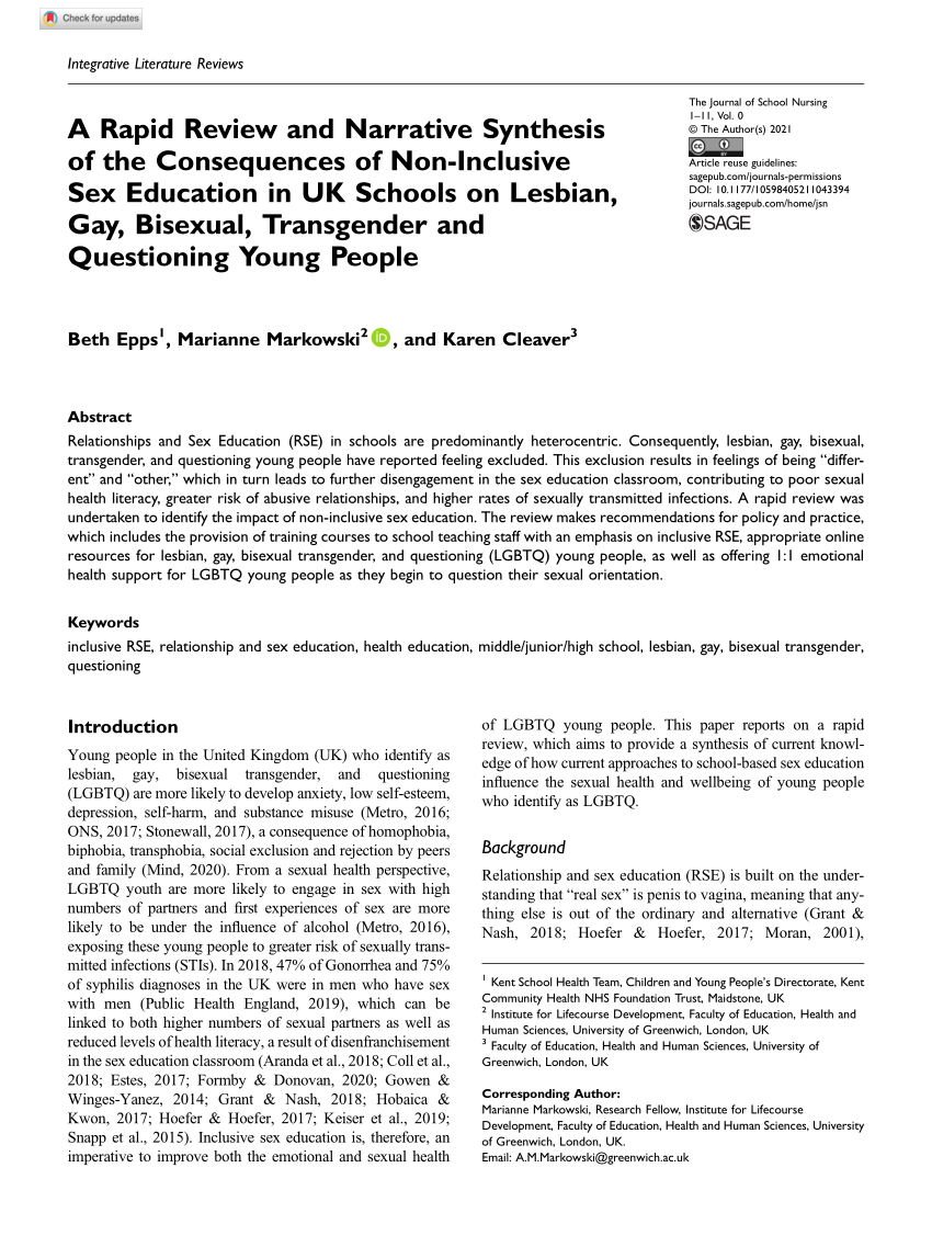 PDF) A Rapid Review and Narrative Synthesis of the Consequences of  Non-Inclusive Sex Education in UK Schools on Lesbian, Gay, Bisexual,  Transgender and Questioning Young People