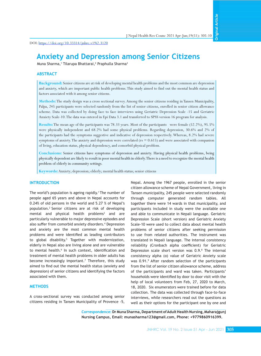 PDF) Anxiety and Depression among Senior Citizens