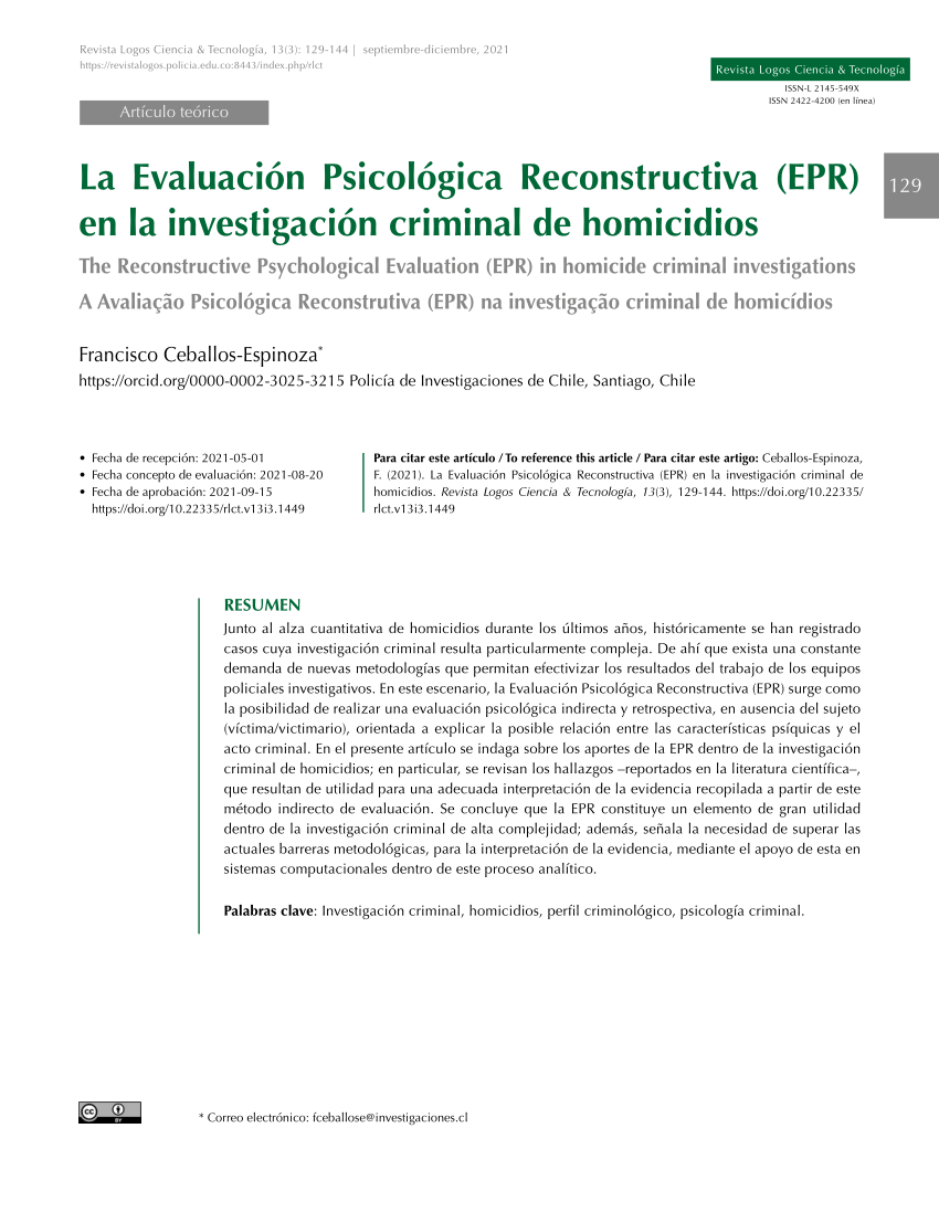 PDF) La Evaluación Psicológica Reconstructiva (EPR) en la investigación  criminal de homicidios. // The Reconstructive Psychological Evaluation  (EPR) in homicide criminal investigations.