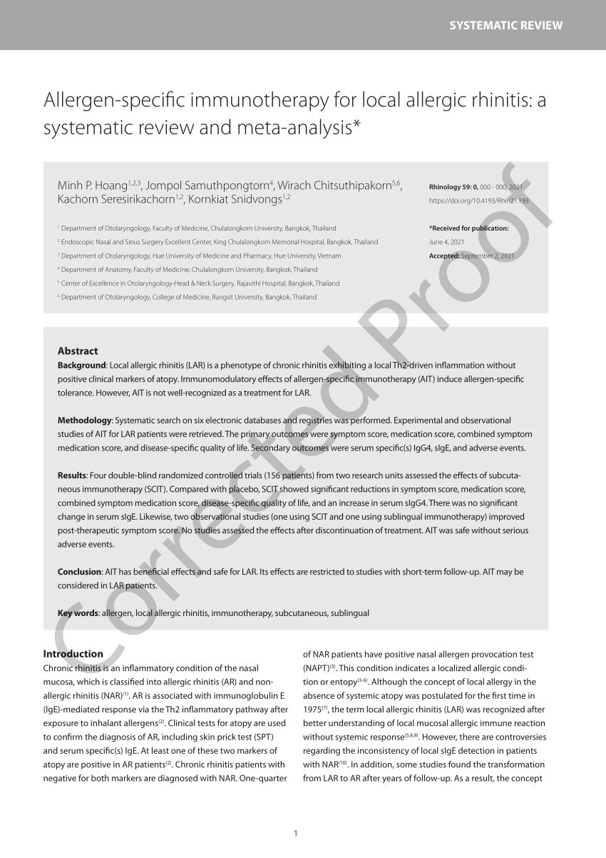 Pdf Allergen Specific Immunotherapy For Local Allergic Rhinitis A Systematic Review And Meta 