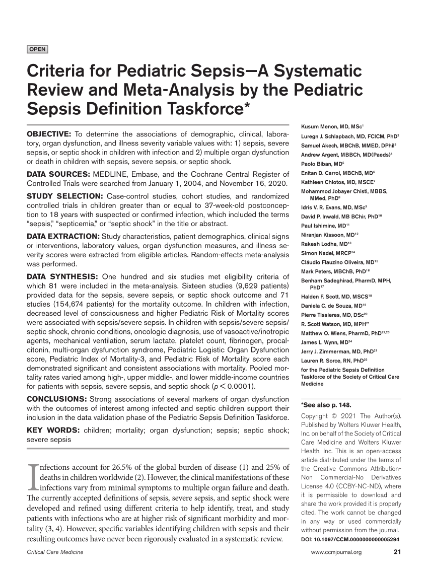 Pdf Criteria For Pediatric Sepsis—a Systematic Review And Meta