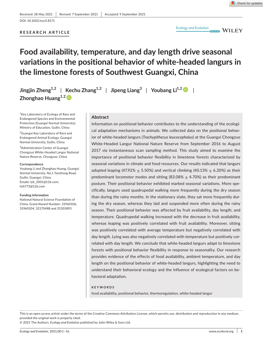 Pdf Food Availability Temperature And Day Length Drive Seasonal Variations In The Positional Behavior Of White Headed Langurs In The Limestone Forests Of Southwest Guangxi China