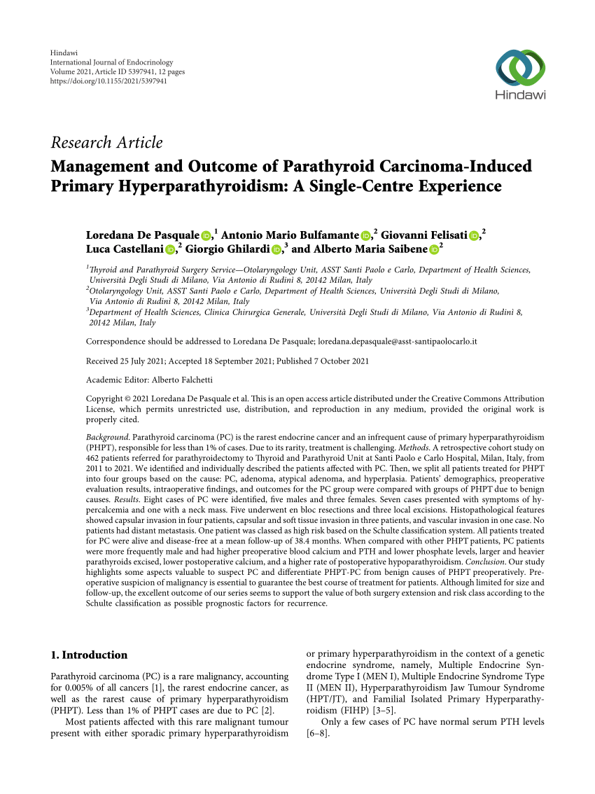 PDF) Management and Outcome of Parathyroid Carcinoma-Induced Primary Hyperparathyroidism A Single-Centre Experience