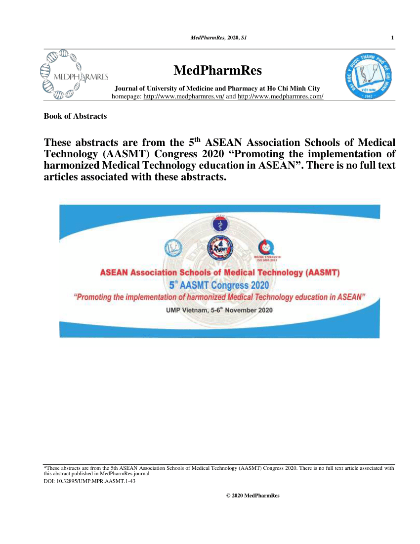 Pdf The 5th Asean Association Schools Of Medical Technology Aasmt Congress 2020 Promoting The Implementation Of Harmonized Medical Technology Education In Asean