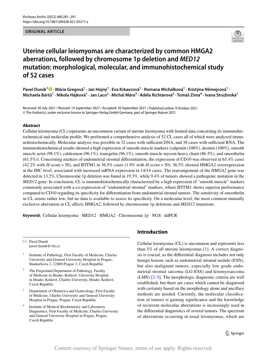 Uterine Cellular Leiomyomas Are Characterized By Common Hmga2 Aberrations Followed By 