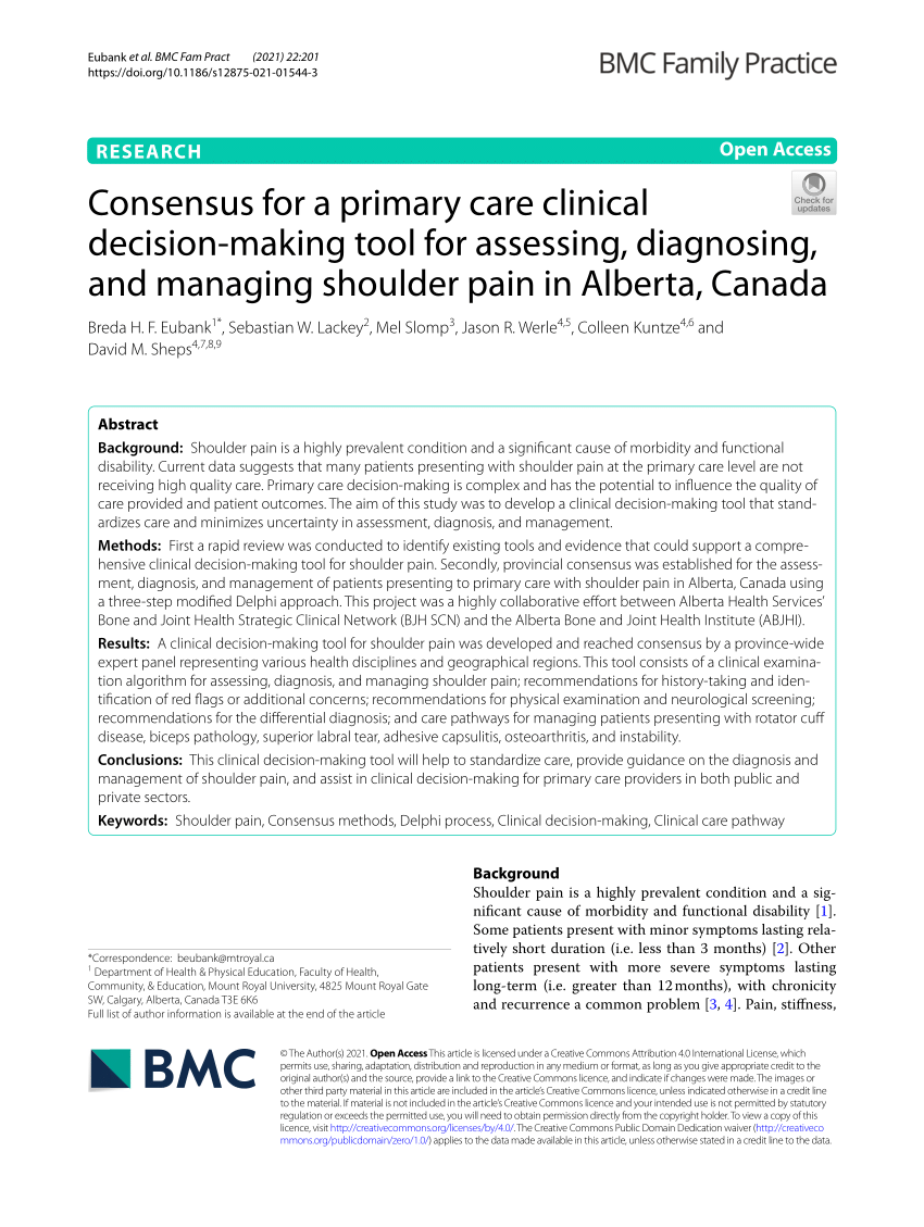 PDF) Consensus for a primary care clinical decision-making tool for  assessing, diagnosing, and managing shoulder pain in Alberta, Canada