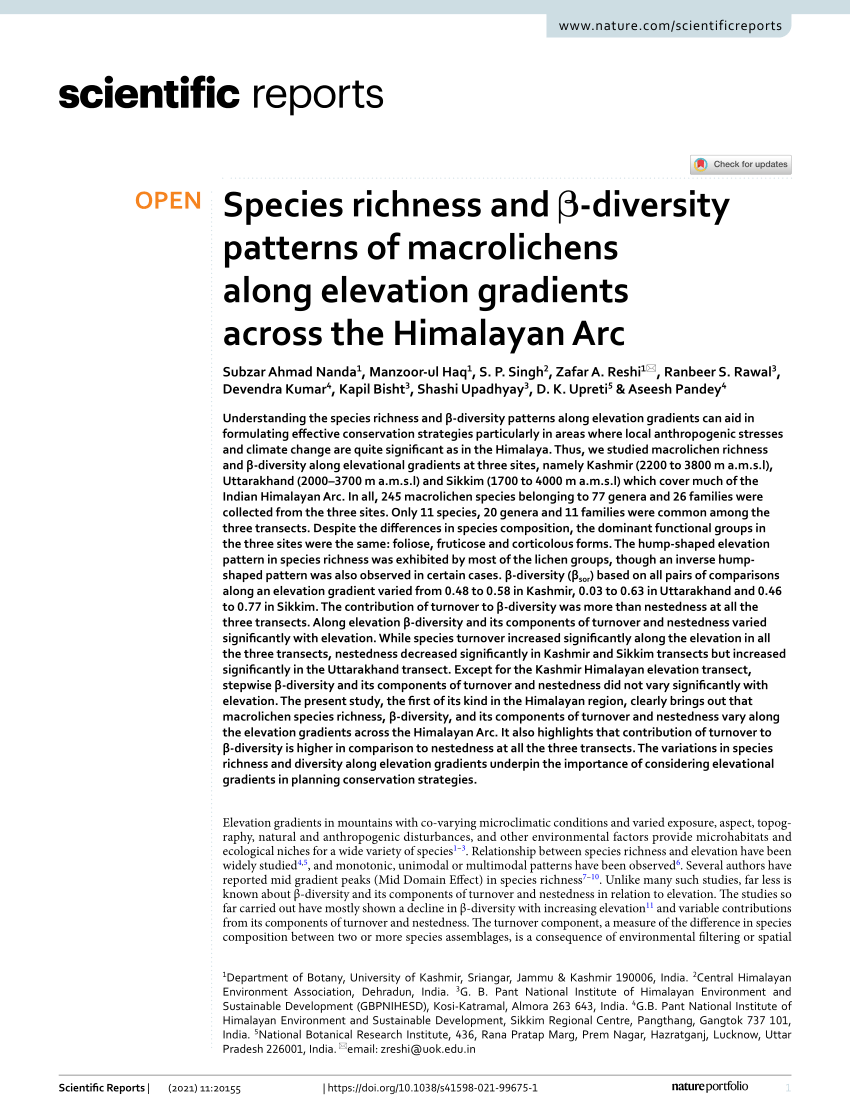 PDF) Species richness and β-diversity patterns of macrolichens along elevation gradients across the Himalayan