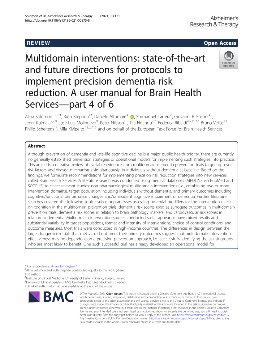 PDF) Multidomain interventions: state-of-the-art and future directions for  protocols to implement precision dementia risk reduction. A user manual for  Brain Health Services—part 4 of 6