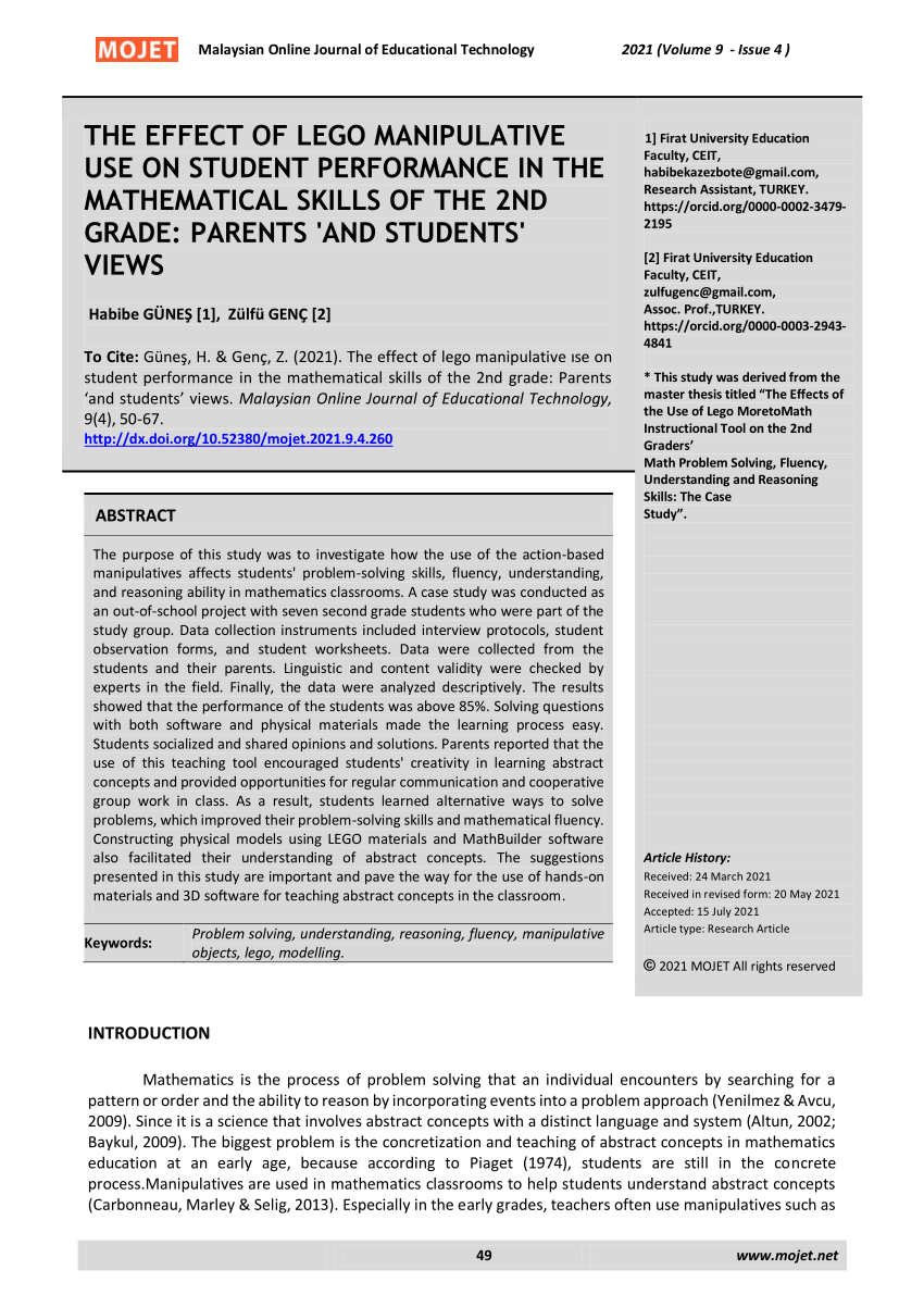 isolation Daggry vil gøre PDF) THE EFFECT OF LEGO MANIPULATIVE USE ON STUDENT PERFORMANCE IN THE  MATHEMATICAL SKILLS OF THE 2ND GRADE: PARENTS 'AND STUDENTS' VIEWS Habibe  GÜNEŞ [1], Zülfü GENÇ [2]