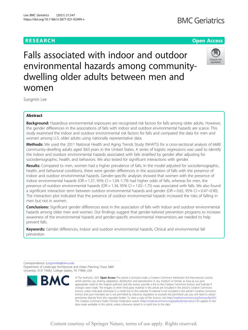 PDF) Falls associated with indoor and outdoor environmental hazards among community- dwelling older adults between men and women