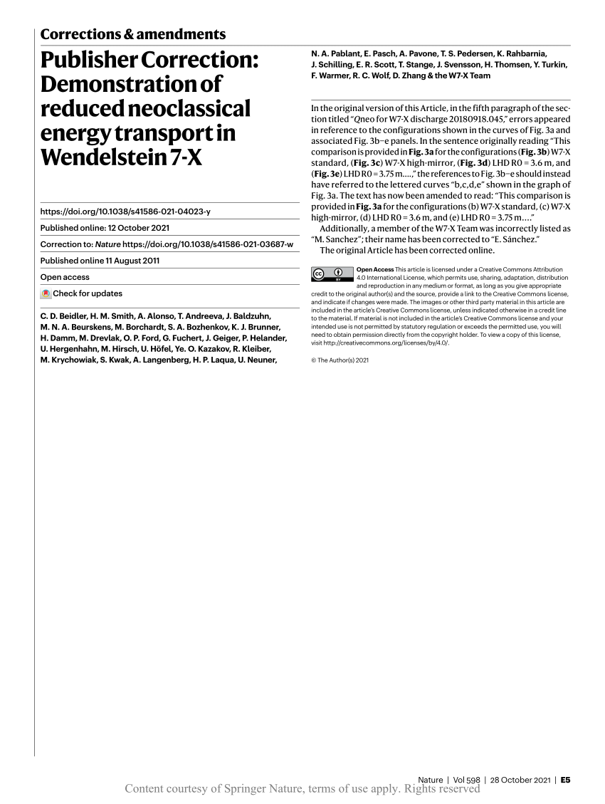 Pdf Publisher Correction Demonstration Of Reduced Neoclassical Energy Transport In Wendelstein 7 X