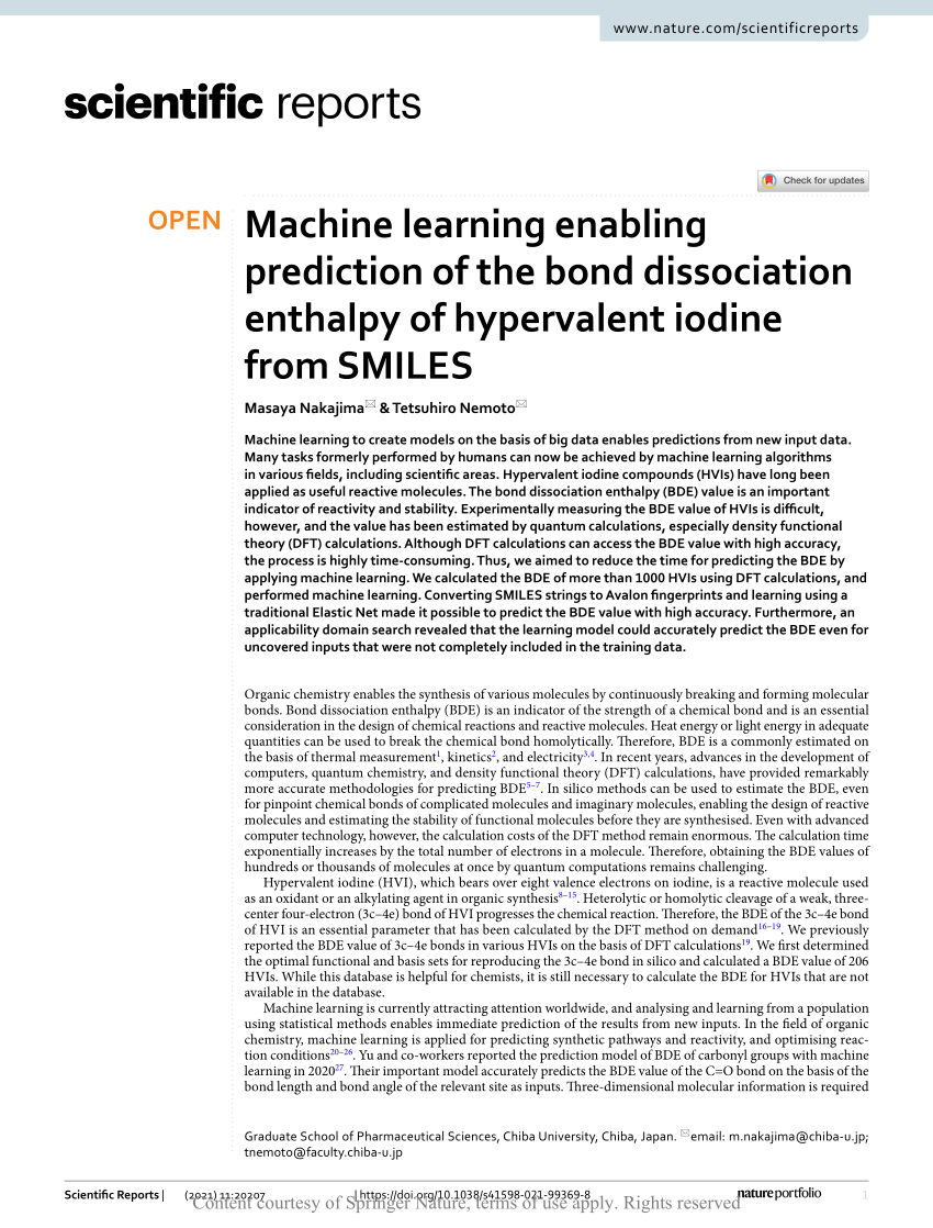 Pdf Machine Learning Enabling Prediction Of The Bond Dissociation Enthalpy Of Hypervalent Iodine From Smiles