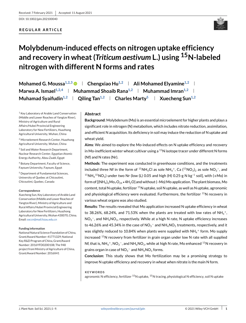 Pdf Molybdenum Induced Effects On Nitrogen Uptake Efficiency And Recovery In Wheat Triticum 5501