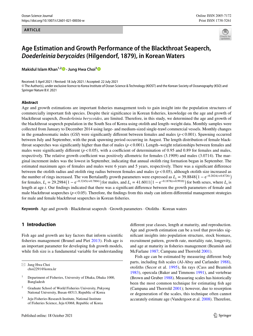 Pdf Age Estimation And Growth Performance Of The Blackthroat Seaperch Doederleinia Berycoides Hilgendorf 1879 In Korean Waters