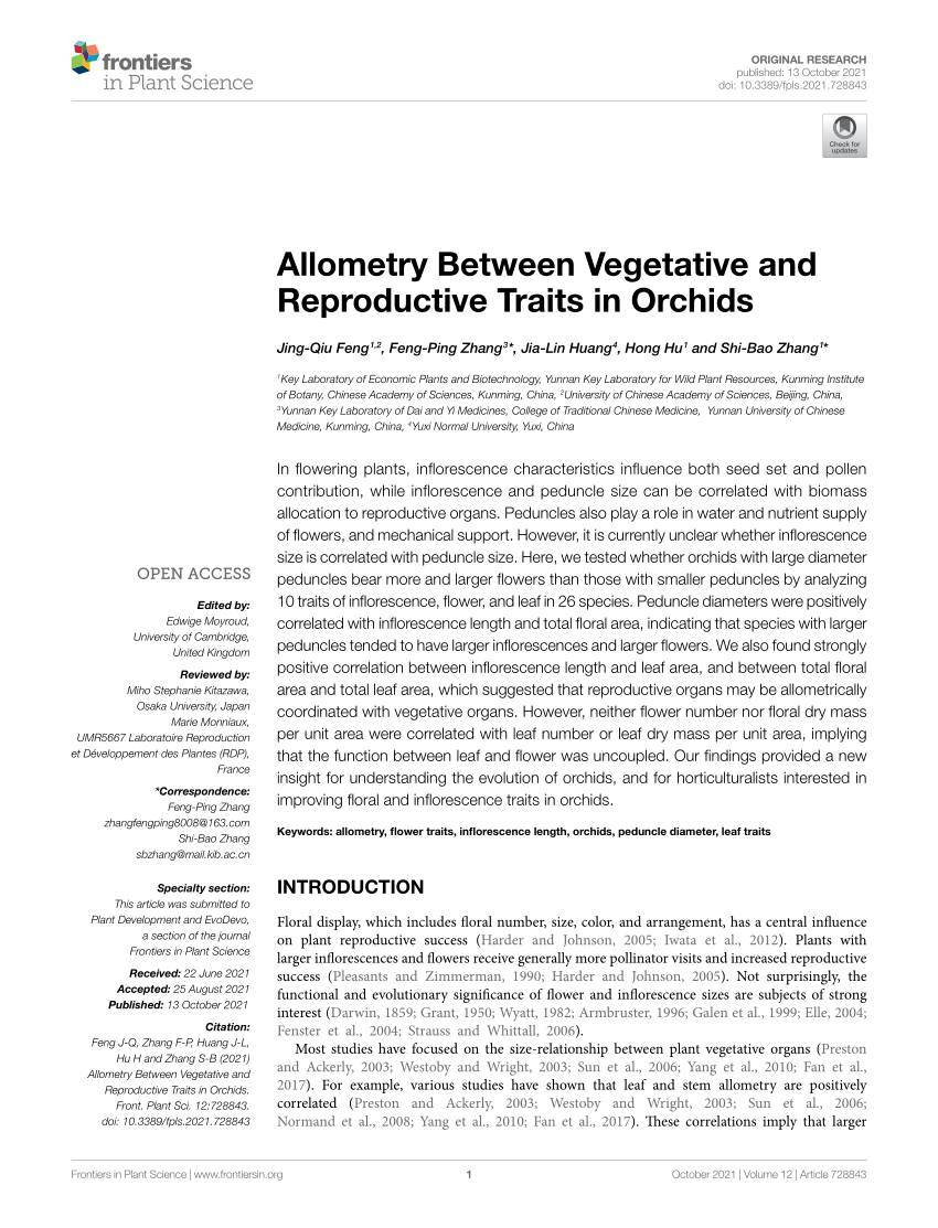 PDF) Allometry Between Vegetative and Reproductive Traits in Orchids