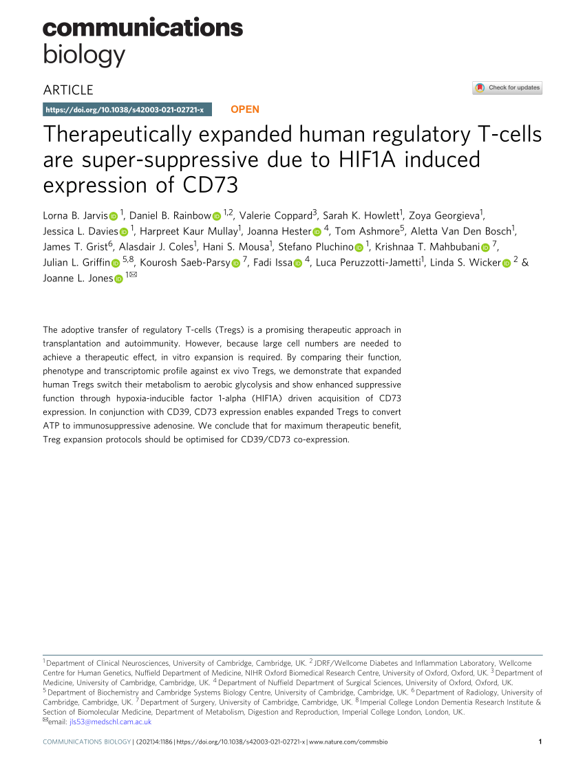 PDF) Therapeutically expanded human regulatory T-cells are  super-suppressive due to HIF1A induced expression of CD73