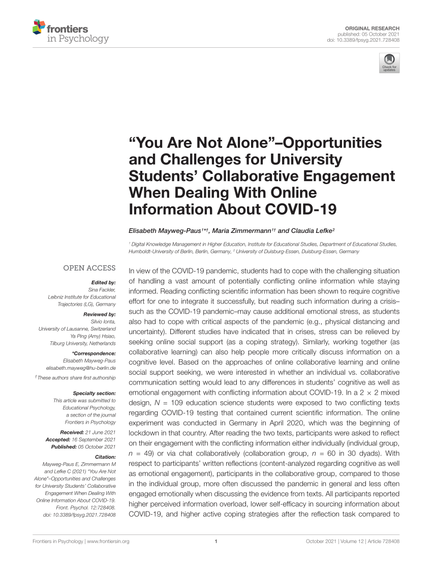 PDF) “You Are Not Alone”–Opportunities and Challenges for University  Students&#39; Collaborative Engagement When Dealing With Online Information  About COVID-19
