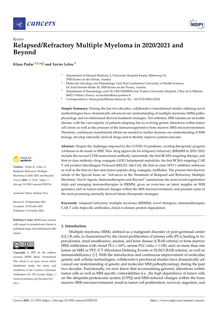 Pdf Relapsed Refractory Multiple Myeloma In 2020 2021 And Beyond