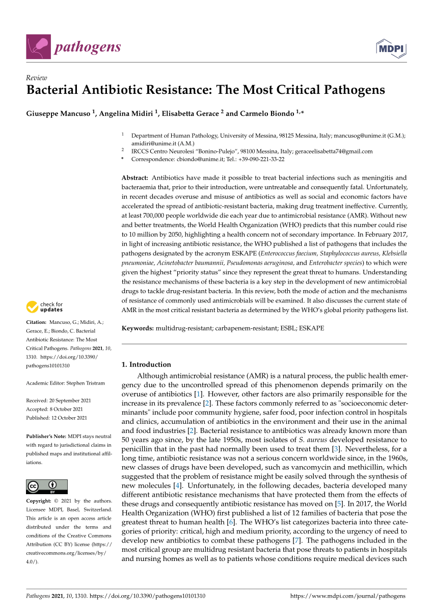 Pdf Bacterial Antibiotic Resistance The Most Critical Pathogens 1027