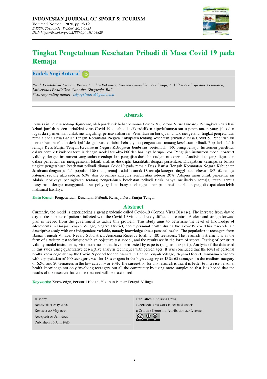 (PDF) Tingkat Pengetahuan Kesehatan Pribadi di Masa Covid 19 pada Remaja