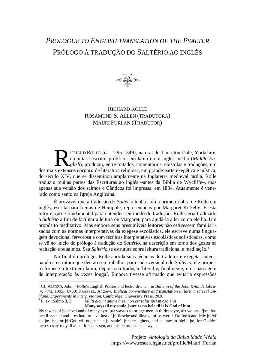 PDF) Prologue to English translation of the Psalter (1330) / Prólogo à  tradução do Saltério ao inglês