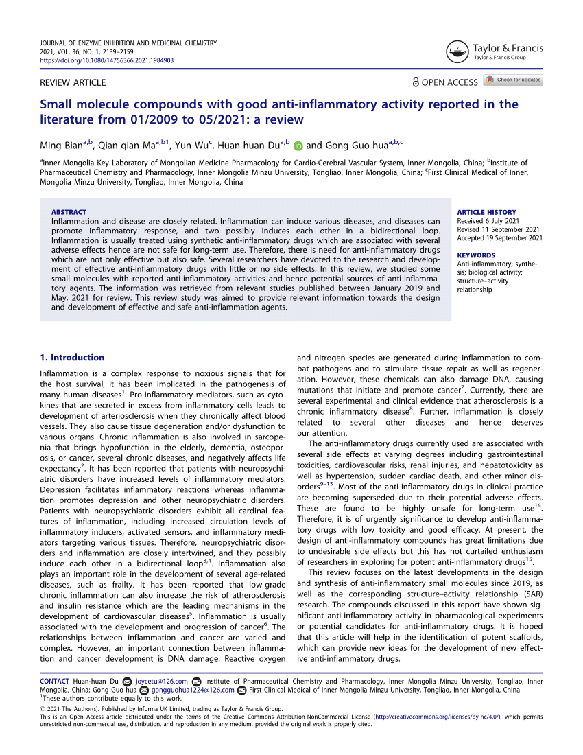 Pdf Small Molecule Compounds With Good Anti Inflammatory Activity Reported In The Literature From 01 09 To 05 21 A Review