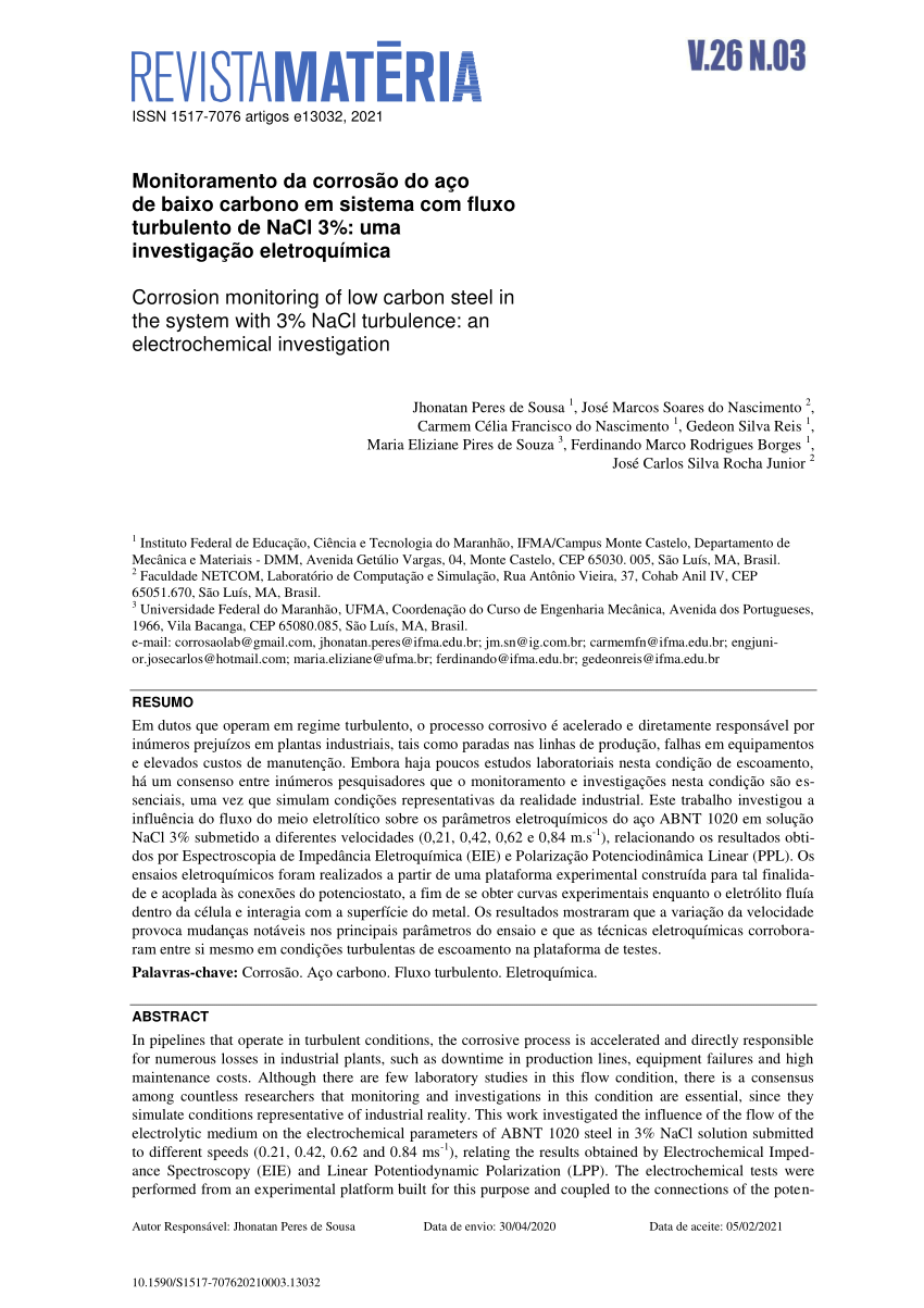 Pdf Monitoramento Da Corrosão Do Aço De Baixo Carbono Em Sistema Com Fluxo Turbulento De Nacl 6614