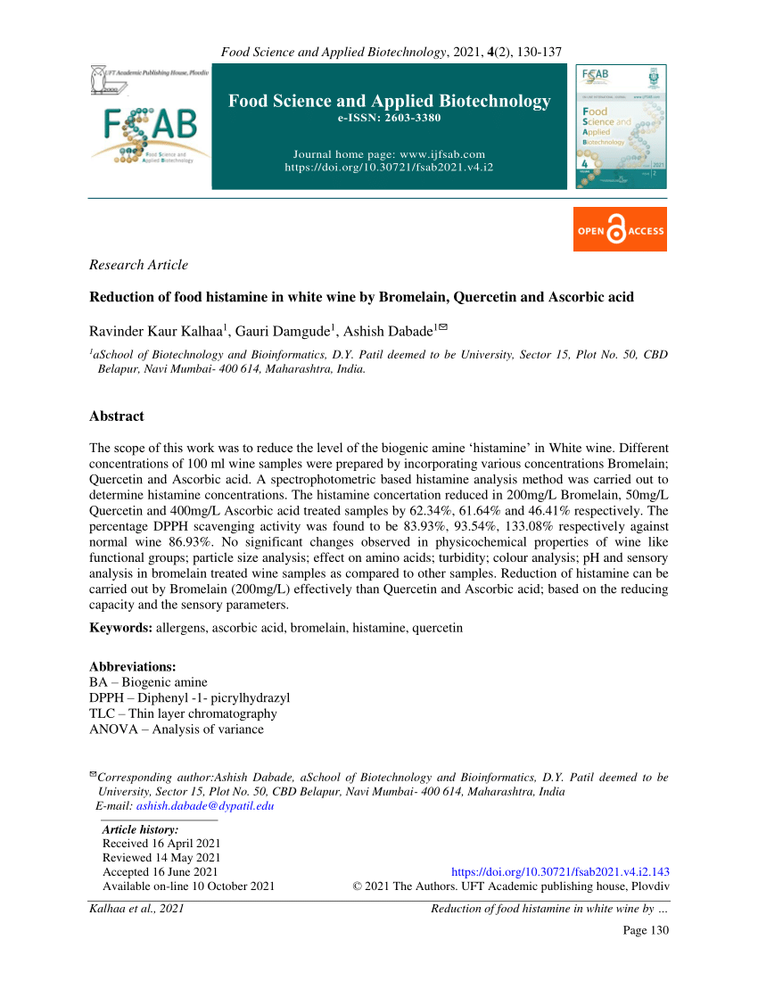 (PDF) Reduction of food histamine in white wine by Bromelain, Quercetin