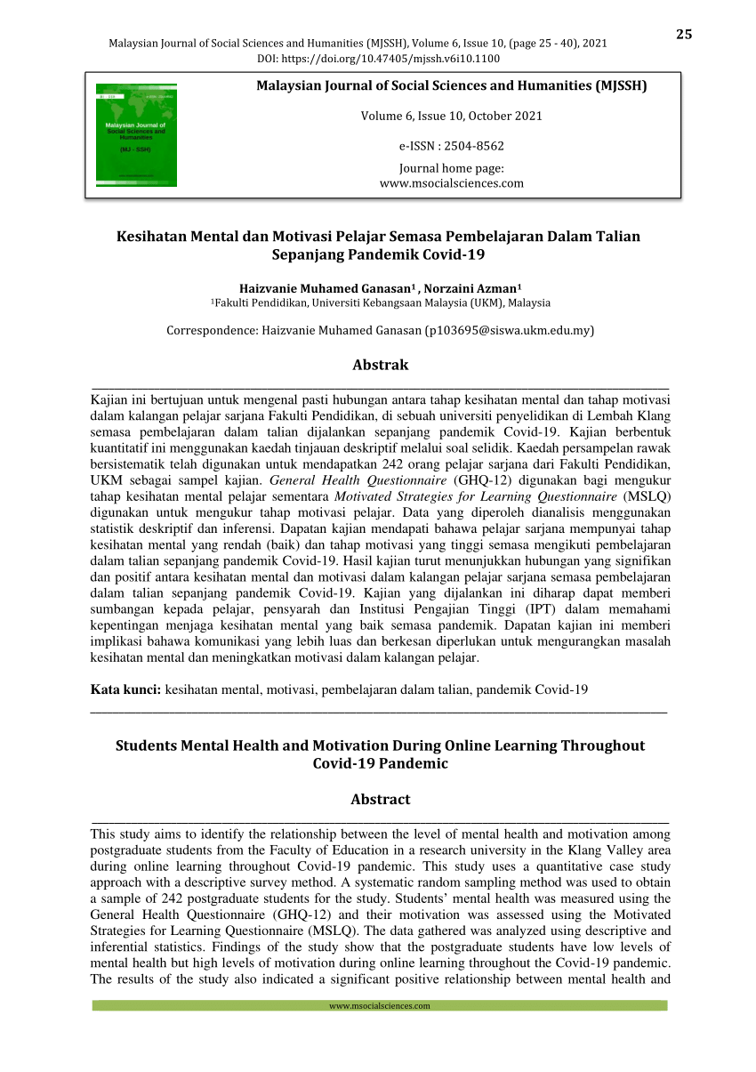 Pdf Kesihatan Mental Dan Motivasi Pelajar Semasa Pembelajaran Dalam Talian Sepanjang Pandemik Covid 19
